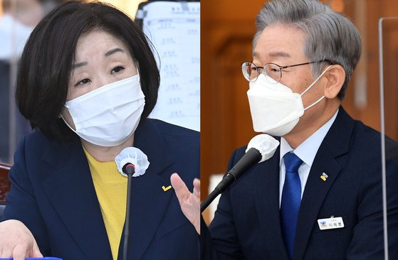 정의당 대선후보 심상정 의원(왼쪽)이 20일 경기도청에 열린 '2021년 국회 국토교통위원회의 경기도에 대한 국정감사'에서 더불어민주당 대선후보인 이재명 경기도지사에게 질의하고 있다. [국회사진기자단]
