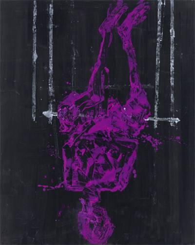 독일 신표현주의 거장 게오르크 바젤리츠가 코로나19 시기에 집중한 작품 `Einzelzimmer, Einzelbett`을 검정 캔버스에 판화처럼 찍어내는 방식으로 제작해 국내에 선보였다.  [사진 제공 = 타데우스 로팍]