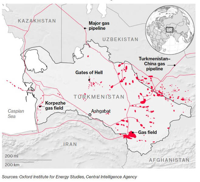 투르크메니스탄에서 메탄가스 방출이 집중되고 있음을 보여주는 그래픽.  출처 옥스포드에너지연구소, 중앙정보국/ 블룸버그 갈무리
