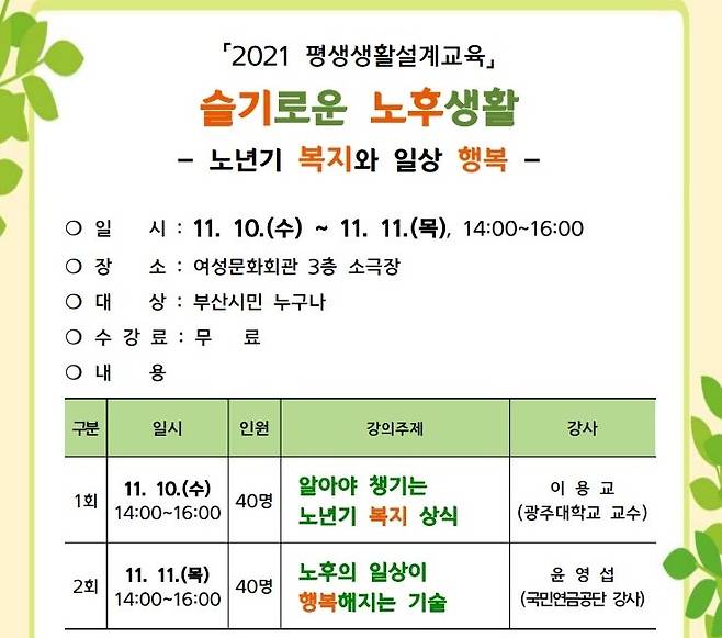 부산여성문화회관 '슬기로운 노후생활' 교육 [부산여성문화회관 홈페이지 캡처]