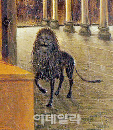 안토넬로 다 메시나의 ‘성 제롬’(St. Jerome) 중 부분. 그림에 등장하는 여러 동물 상징 중 사자를 클로즈업했다. 성 제롬이 수도시절 사자의 발에 박힌 가시를 빼내 살려줬고, 그 사자가 평생 그의 곁을 따랐다는 일화를 반영하고 있다.