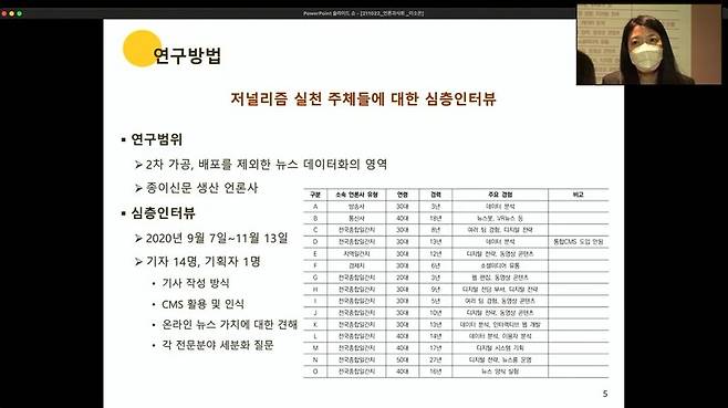 ▲ 22일 사단법인 '언론과 사회'가 주최한 '언론인, 위기의 직종' 기획 세미나에서 이소은 부경대 신문방송학과 교수는 '뉴스의 데이터화와 저널리즘 실천: 충돌 혹은 괴리'를 주제로 발제했다.