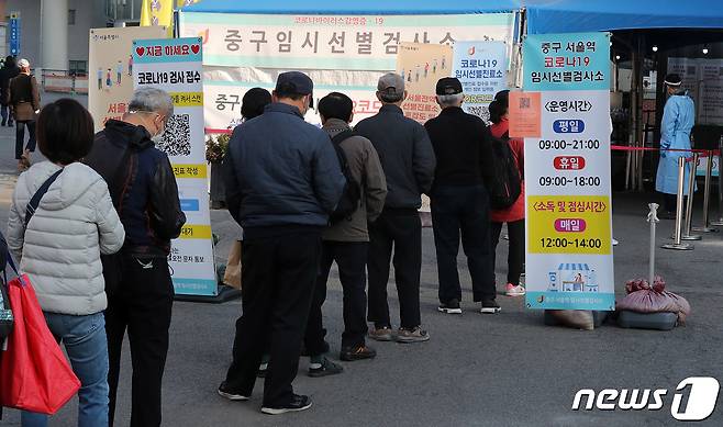 24일 오전 서울역광장에 마련된 코로나19 중구 임시선별검사소를 찾은 시민들이 줄을 서서 검사를 기다리고 있다. 이날 코로나19 신규 확진자는 1423명을 기록해 16일째 2000명 아래를 유지했다. 2021.10.24/뉴스1 © News1 박세연 기자