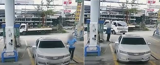 주유소 직원(파란색 옷)이 계산 후 카드를 건네며 인사하는 모습(왼쪽)과 이후 다른 손님을 응대하는 모습. 차량에 주유기가 연결돼 있다. /유튜브 채널 '한문철TV'