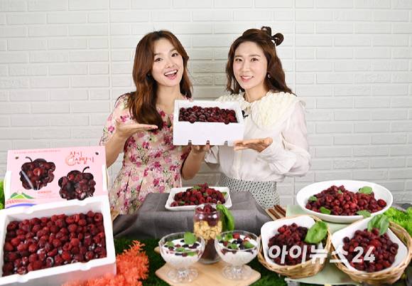 산림조합중앙회(회장 최창호)가 임업인 소득향상을 위하여 경북 포항 장기산딸기영농조합법인과 함께 25일 경기도 고양시의 한 스튜디오에서 '포항 장기 냉동 산딸기' 라이브커머스를 진행했다. 일일 쇼호스트로 나선 방송인 하지혜와 개그우먼 김경아가 포즈를 취하고 있다.