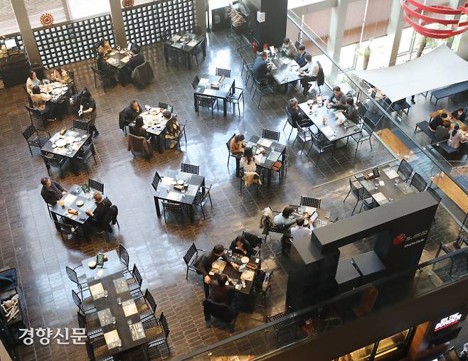 정부가 단계적 일상회복(위드 코로나) 이행계획 초안을 공개한 25일 서울 종로구의 한 식당가에서 시민들이 삼삼오오 모여 식사를 하고 있다. 단계적 일상회복으로 방역체계를 전환하면 식당·카페·헬스장 등 대부분의 다중이용시설의 운영시간 제한이 해제된다. 이르면 11월1일부터 3차례 개편을 통해 추진된다. 강윤중 기자