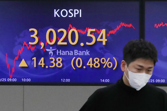 A screen at Hana Bank's trading room in central Seoul shows the Kospi closing at 3,020.54 points on Monday, up 14.38 points, or 0.48 percent from the previous trading day. [NEWS1]