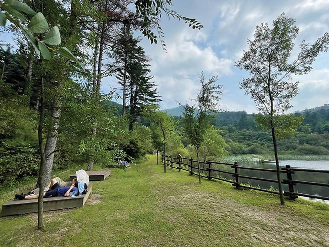 탐방객들이 삼림욕 벤치에 누워서 달콤한 휴식을 즐기고 있다