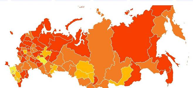 러시아 전역의 코로나19 확산 상황을 보여주는 지도 러시아는 감염병 확산 정도를 6등급으로 나누어 초록색부터 붉은색까지 색깔로 표시하고 있다. 전국이 확산이 심각한 노란색, 주황색, 붉은색으로 표시돼 있다. [러시아 코로나19 유입·확산 방지 대책본부 자료]