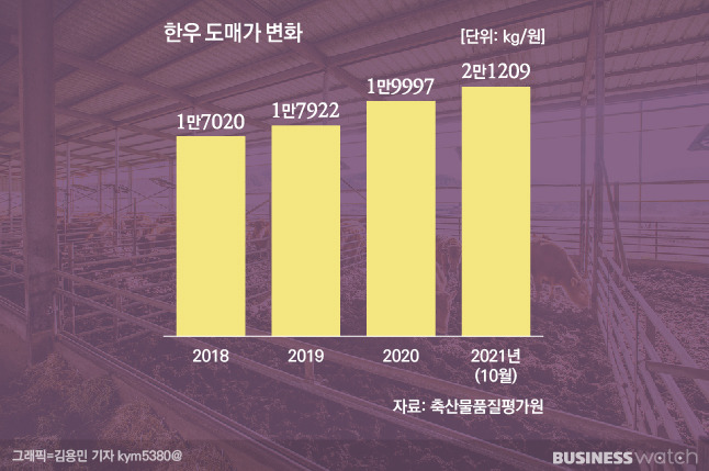 한우 도매가는 코로나19 사태 이후 빠르게 오르고 있다. /그래픽=김용민 기자 kym5380@