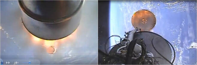 한국항공우주연구원이 지난 21일 발사한  누리호 탑재 카메라가 촬영한 영상 편집본을 27일 처음 공개했다. 사진 왼쪽은 누리호 1단 로켓이 분리돼 바다로 낙하하는 장면, 오른쪽 사진은 2단 로켓이 푸른 지구를 배경으로 분리되는 장면이다. 한국항공우주연구원 제공