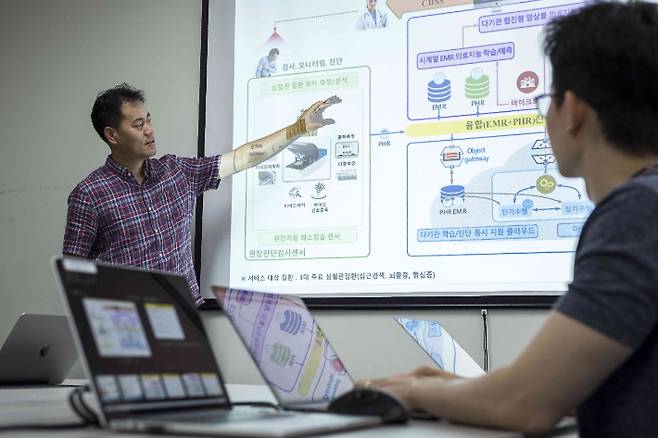 연구진이 인공지능 주치의 '닥터 AI' 기술을 설명하고 있다. ETRI 제공