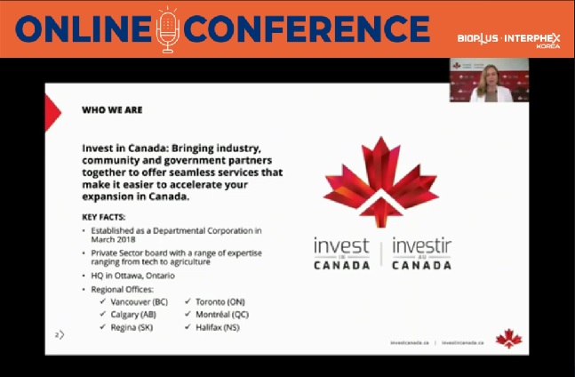 나탈리 베샴 (Nathalie bechamp) 캐나다 투자부문 최고 책임자가 한국 제약바이오 기업의 최적의 파트너로서 캐나다의 강점을 설명했다. /사진='바이오플러스-인터펙스 2021' 행사 캡처