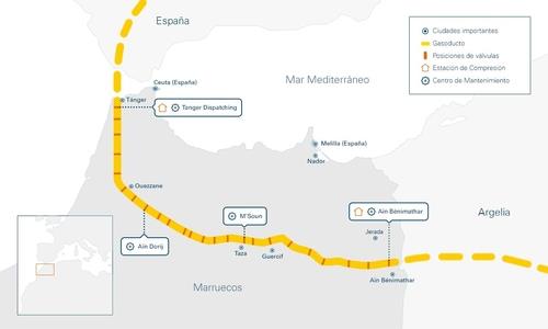 모로코를 통과하는 '가즈 머그레브 유럽'(GME) 가스관 경로도  [GME 홈페이지 캡처. 재판매 및 DB 금지]