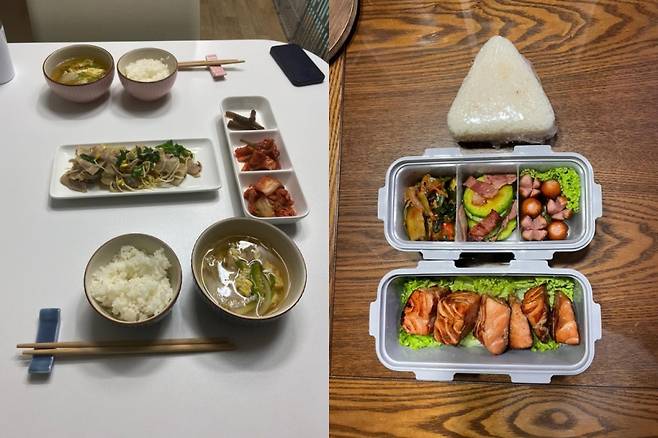 한 누리꾼이 월 30만원 생활비를 받는 아내가 차려줬다며 공개한 밥상과 도시락 모습 /사진=온라인 커뮤니티