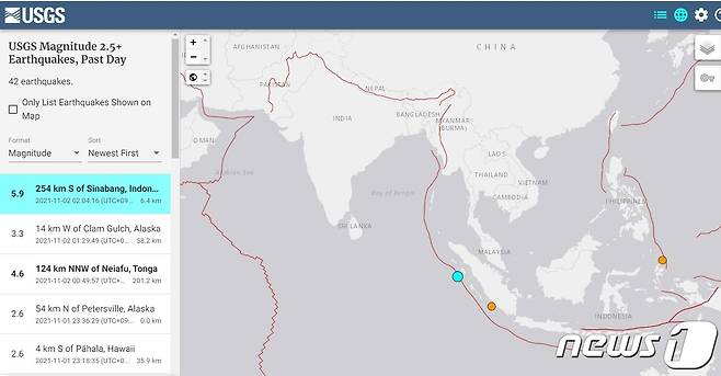 인도네시아 수마트라섬 해안에서 규모 5.9 지진이 발생했다(USGS 홈페이지 갈무리)© 뉴스1
