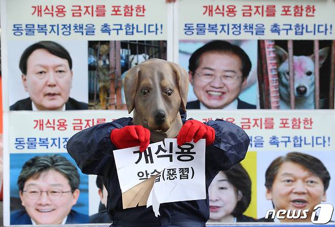 한국동물보호연합 관계자들이 2일 서울 종로구 광화문 네거리에서 기자회견을 갖고 지난달 31일 제10차 국민의힘 대선 경선 합동토론회에서 '식용개는 따로 있다'는 윤석열 후보의 발언을 규탄하며 '개식용 금지'를 포함한 동물복지 정책공약을 촉구하는 퍼포먼스를 펼치고 있다. 2021.11.2/뉴스1 © News1 임세영 기자