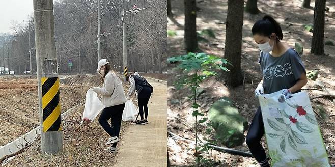 ▲ 김정민(왼쪽), 박진희가 쓰레기 줍기 챌린지에 동참했다. 출처ㅣ김정민 SNS, 박진희 SNS