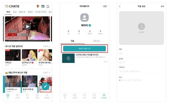 홈 화면에서 글쓰기 아이콘을 누르면 마이페이지의 작품 탭으로 이동한다. 새로운 작품 쓰기를 누르면 곧바로 새로운 작품을 쓸 수 있다. [사진 서동원, 채티 캡처]