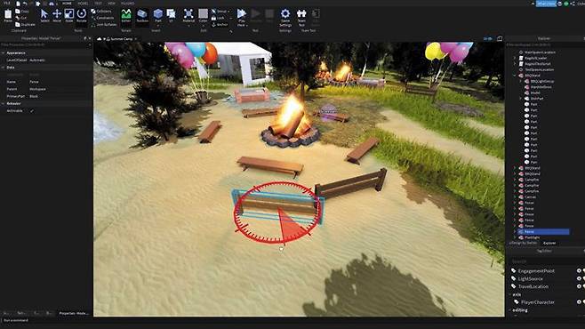 로블록스용 게임 제작 소프트웨어 ‘로블록스 스튜디오’로 게임을 만드는 모습. 프로그래밍 언어를 이용한 복잡한 코딩 기법을 몰라도 손쉽게 게임을 만들 수 있다. /로블록스