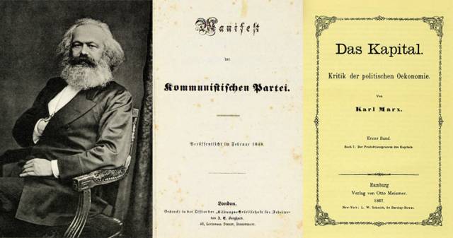 ▲칼 마르크스와 <공산당선언> 및 <자본론> 초판. ⓒ민청련동지회