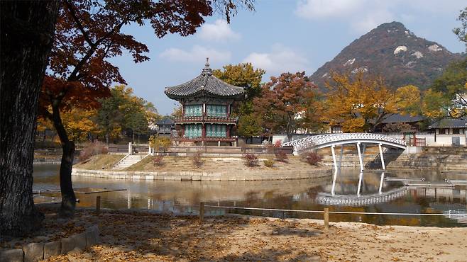 3년간의 보수 공사를 마치고 공개된 경복궁 향원정 일대. 흰색 아치형 목제다리를 원래 위치로 옮겼다.    문화재청 제공