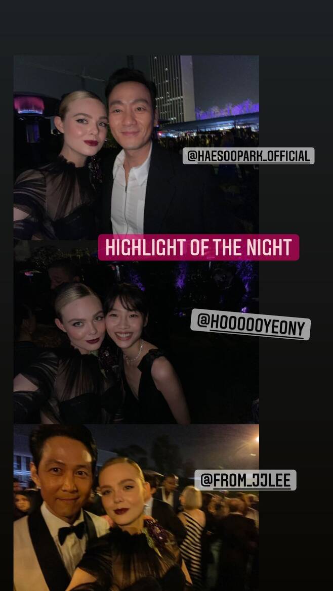Seven days later, Elle Fanning posted a photo on her Instagram account, Kahaani, with the caption: A highlight of the night.The photo shows Elle Fanning taking a selfie with Park Hae Soo, HoYeon Jung and Lee Jung-jae.He previously followed HoYeon Jungs SNS and released his photo through Instagram Kahaani.Lee Jung-jae, Lee Byung-hun, Park Hae Soo, and Hwang Dong-hyuk, who left the United States earlier, attended the LACMA 2021 Art + Film Gala event held at the LA County Museum of Art (LACMA) on the 6th.Those who received a lot of attention at the event left a lot of celebrities such as Aquafina and certification shots.Meanwhile, Elle Fanning, who was born in 1998 and is 23 years old, is the younger brother of Dakota Fanning, who has performed in works such as Super 8, Maleficent and Malleficent.Photo: Elle Fanning Instagram