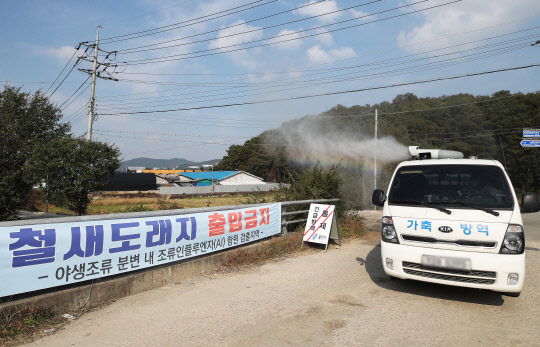 9일 농림축산식품부는 충북 음성에 위치한 메추리 농장에서 고병원성 인플루엔자 의심축이 확인됐다고 밝혔다. 21일 오후 경기도 용인시 처인구 백암면 청미천 일대에서 용인축산농협 방역차가 조류인플루엔자(AI) 예방을 위해 방역을 하고 있다. <연합뉴스>