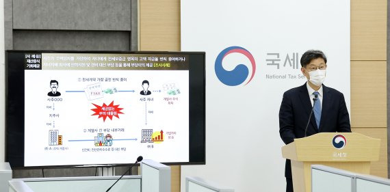 김동일 국세청 조사국장이 세종정부청사 국세청 본청에서 불공정 탈세 혐의 기업 30개사의 사주일가 등에 대한 세무조사 관련 브리핑을 하고 있다.