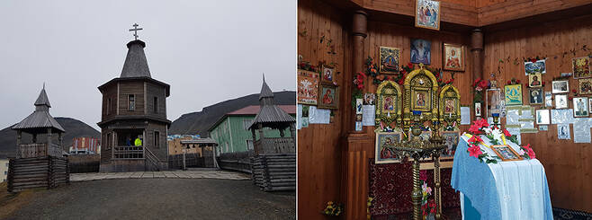 바렌츠부르크의 러시아 정교회(왼쪽). 오른쪽은 예배당 내부 모습이다. /사진=송경은 기자