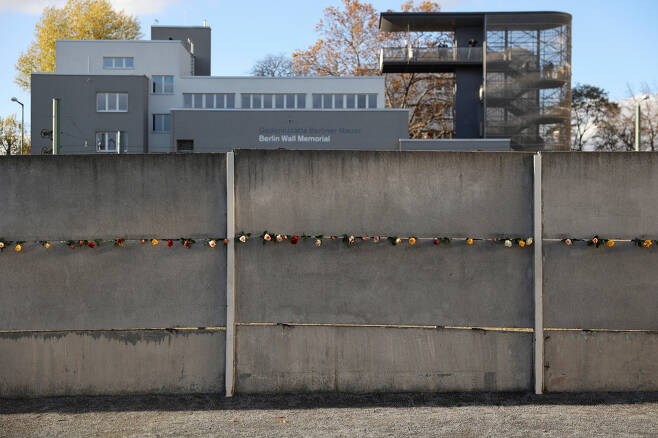 베를린장벽의 흔적이 남아 있는 독일 베를린시 베르나우어가에 9일(현지시간) 장미꽃이 꽂혀져 있다. [로이터]