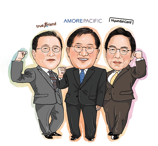 왼쪽부터 17년 연속 ‘100대 CEO’에 선정된 김남구 한국투자금융지주 회장, 서경배 아모레퍼시픽그룹 회장, 정태영 현대카드·캐피탈·커머셜 부회장.