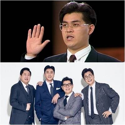 1991년 KBS ‘대학개그제’에서 대상을 받은 김용만(위)은 최근 정형돈·안정환·김성주(아래 서 있는 사람 왼쪽부터)와 함께 콘텐츠회사의 문을 열었다. 사진출처｜KBS 공식 유튜브 ‘같이 삽시다‘. 영상 캡처·사진제공｜MCP