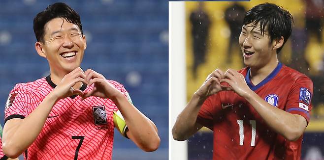 손흥민이 16일(현지시간) 카타르 도하 타니 빈 자심 스타디움에서 열린 월드컵최종예선 이라크전서 A매치 30호골을 성공시킨 뒤 하트를 만들어 보이며 기뻐하고 있다. 오른쪽은 10년 전 같은 장소서 A매치 데뷔골을 터뜨리고 하트 세리머니를 하는 손흥민. [연합]