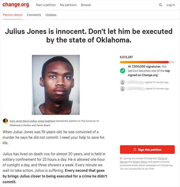 존스의 사형을 반대하는 온라인 청원글/ change.org