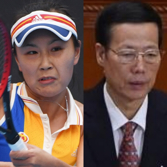 중국 테니스 스타 펑솨이(왼쪽)가 장가오리(오른쪽) 전 국무원 부총리로부터 성폭행을 당했다고 폭로한 뒤 행방불명됐다(사진=AFP·연합뉴스)