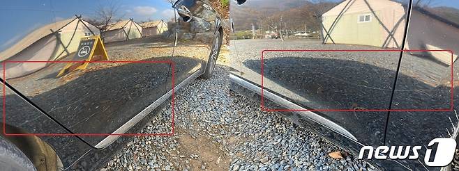 충북 진천군 진천읍 한 아파트에 사는 주민 이모씨(36)는 최근 차량 양 옆에 긁힘 테러를 당했다. 사진에 그려진 빨간색 네모는 흠집 피해 모습.(독자 제공).2021.11.19/© 뉴스1