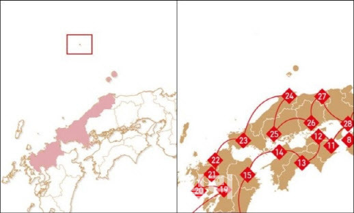 성화 봉송 코스를 소개하는 일본 지도에서 독도를 일본 영토로 표기해 논란을 빚었던 2020년 도쿄올림픽 조직위원회가 공식 사이트에서 독도를 삭제한 것처럼 보이지만 확대하면 그대로 남아 있다고 서경덕 성신여대 교수가 지난 6월 13일 공개한 사진. 오른쪽은 사진을 확대한 모습. (사진=서경덕 교수 제공)