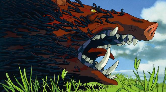 미야자키 하야오의 대표작 중 하나인 모노노케히메(원령공주)에서는 멧돼지가 사람의 인격체를 가진 신으로 등장한다. 만화의 오프닝씬에서 저주받은 재앙신으로 등장하는 멧돼지신 '나고'의 모습. /alamy