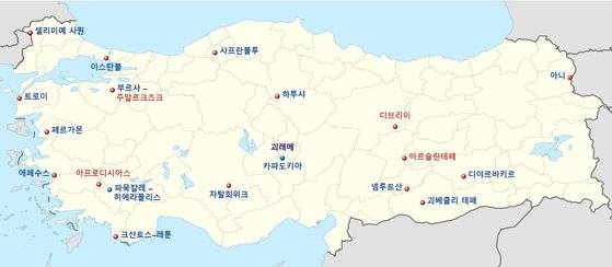 터키 지도. 카파도키아가 중앙에 있다.