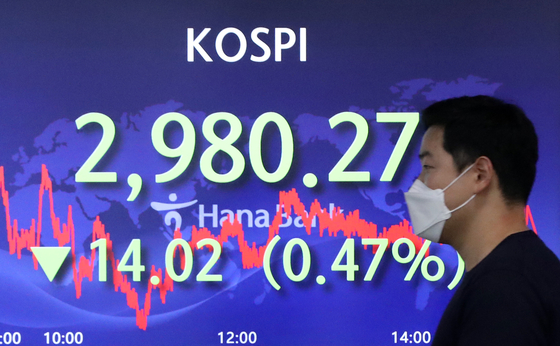 A screen at Hana Bank's trading room in central Seoul shows the Kospi closing at 2,980.27 points on Thursday, down 14.02 points, or 0.47 percent, from the previous trading day. [NEWS1]