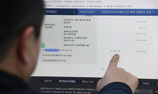 국세청이 올해분 종부세(주택분) 고지서 발송을 시작한 22일 오후 한 납부 대상자가 국세청 홈택스 홈페이지를 통해 종부세 고지 내역을 확인하고 있다. [연합뉴스]