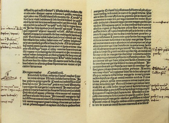 콜럼버스가 읽고 메모했던 마르코 폴로의 『동방견문록』. 스페인 세비야 소재 콜럼버스 도서관 소장품이다.