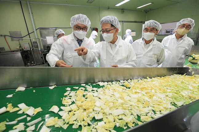 충북 보은군의 수출 김치 제조현장 둘러보는 김현수 농림축산식품부 장관. ⓒ농식품부