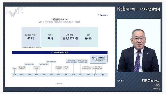 김창규 KTB네트워크 대표이사가 29일 진행된 기업설명회에서 발표하고 있다. /기업설명회 화면 캡쳐