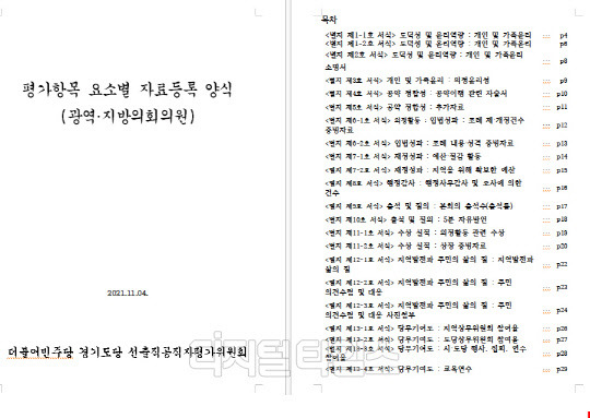 디지털타임스가 입수한 경기도당 선출직 공직평가위원회의 광역·지방의회 의원 평가 자료 양식. 의정활동 전반에 대한 서술을 하도록 요구하고 있다.