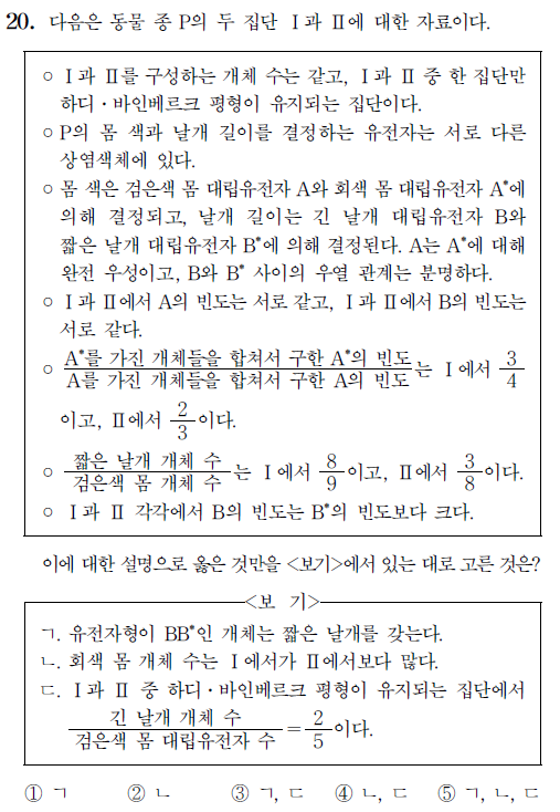 2022학년도 수능 과학탐구 생명과학Ⅱ 20번 문제