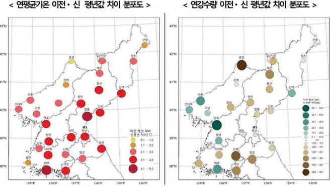 북한의 신 기후평년값과 기존 기후평년값 사이 차이를 지도에 표시했다. 평균기온은 오른 반면 강수량은 내륙은 줄고 동쪽과 함경남북도는 늘어났다. 기상청 제공