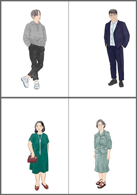 온라인 쇼핑이 대세가 된 요즘은 과거의 명동, 압구정동과 같은 ‘패션 중심지’ 개념이 약해졌다. 오늘날 서울 사람들의 일상적 패션을 나타낸 일러스트. 왼쪽 위부터 시계 방향으로 20대 남성, 30대 남성, 60대 여성, 40~50대 여성.서울생활사박물관 제공