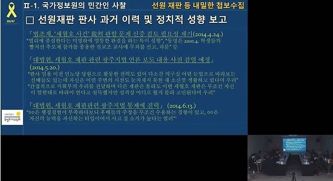 사회적참사특별조사위원회(사참위)가 2일 공개한 판사 사찰 정황이 담긴 국정원 문건. 사참위 유튜브 채널 갈무리